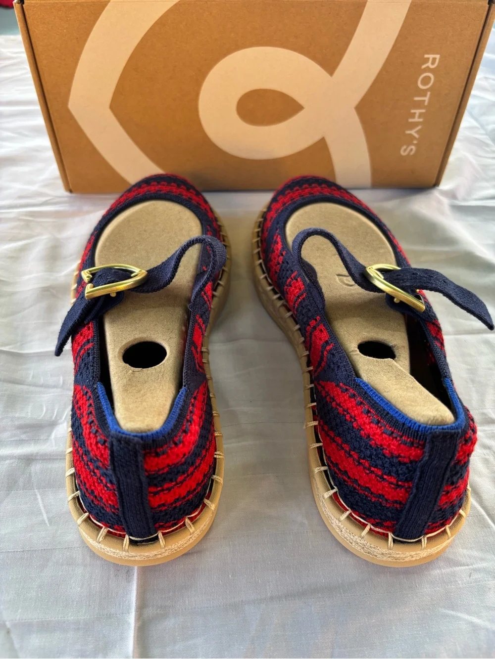 Rothy's Red & Navy Knit Mary Jane Espadrilles with Buckle